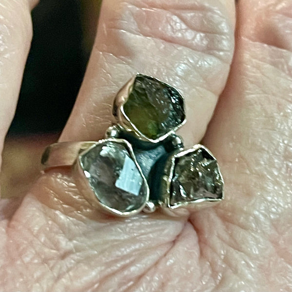Moldavite Herkimer Camp del Cielo sz8.5 Ring #24812