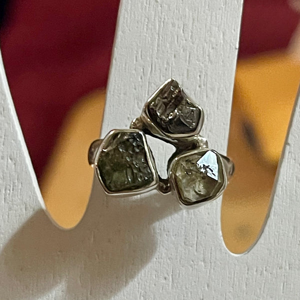 Moldavite, Herkimer Diamond, & Campo del Cielo sz 7 925 Silver Ring #21674