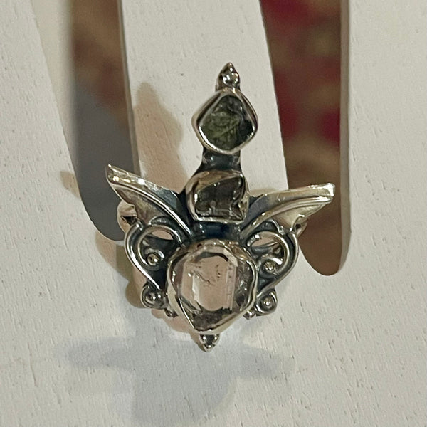 Moldavite Herkimer Diamond Campo del Cielo sz 8 925 Ring #21870