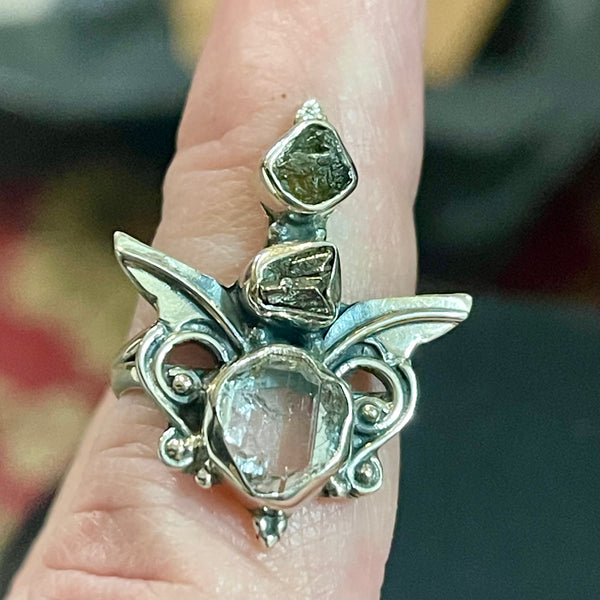 Moldavite Herkimer Diamond Campo del Cielo sz 8 925 Ring #21870