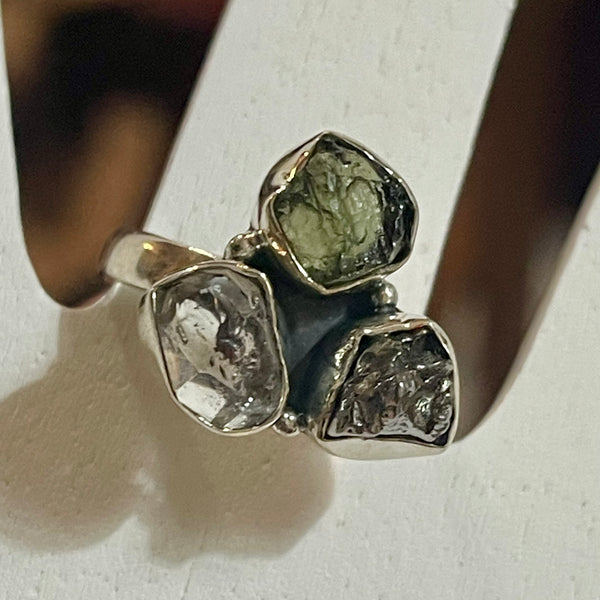 Moldavite Herkimer Camp del Cielo sz8.5 Ring #24812