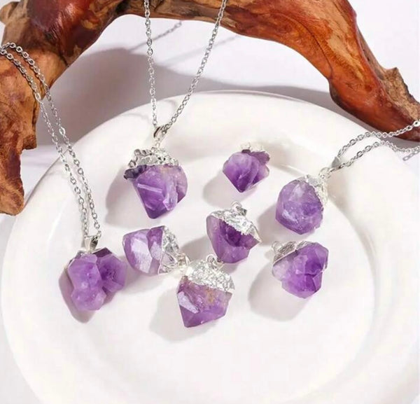 Amethyst Raw Silver Electroplated Crystal Pendant