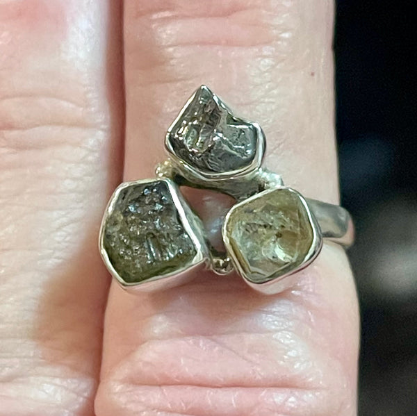 Moldavite, Herkimer Diamond, & Campo del Cielo sz 7 925 Silver Ring #21674