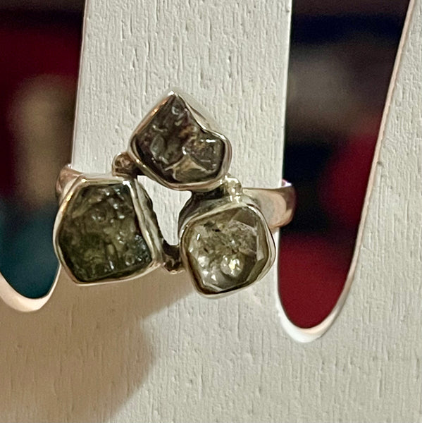 Moldavite, Herkimer Diamond, & Campo del Cielo sz 7 925 Silver Ring #21674