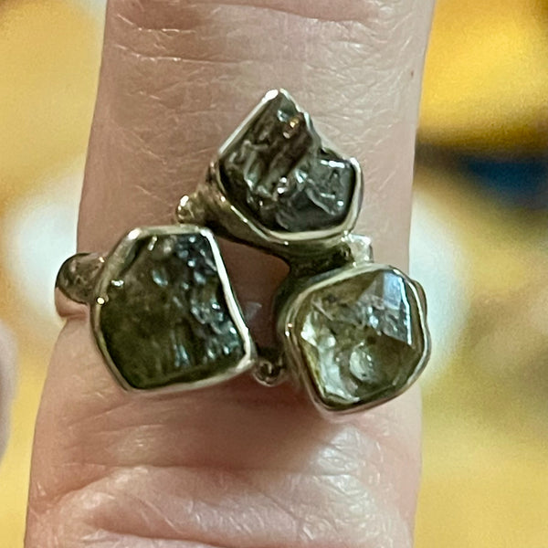 Moldavite, Herkimer Diamond, & Campo del Cielo sz 7 925 Silver Ring #21674