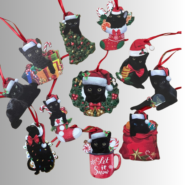 Black Kitty Holiday Christmas Ornaments Set of 5