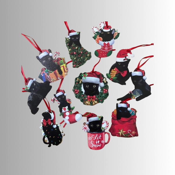 Black Kitty Holiday Christmas Ornaments Set of 5