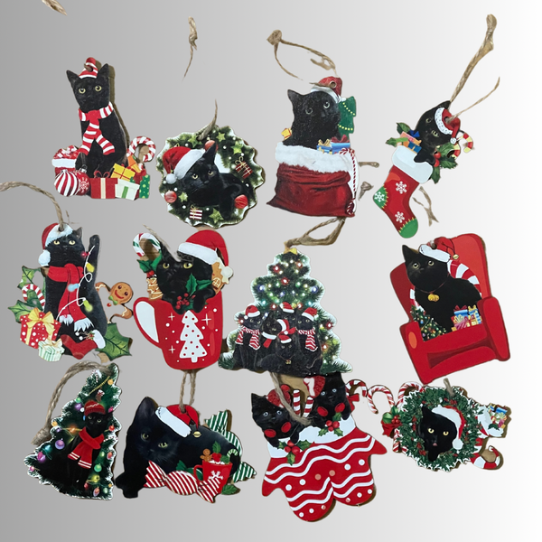 Black Kitty Holiday Christmas Ornaments Set of 5
