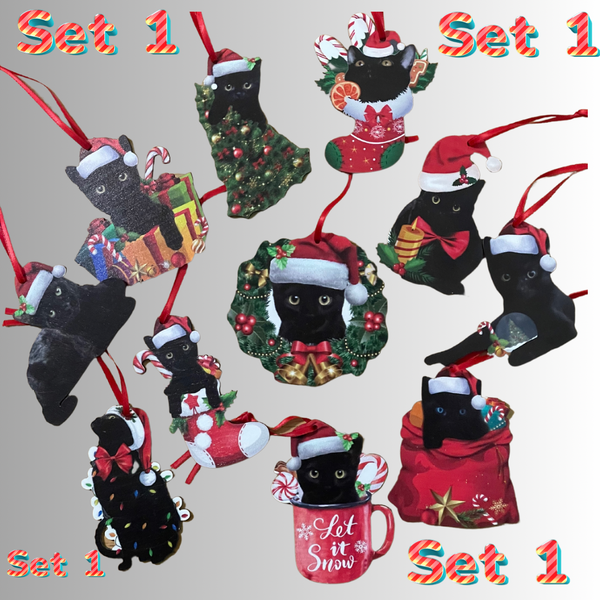 Black Kitty Holiday Christmas Ornaments Set of 5