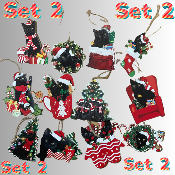 Black Kitty Holiday Christmas Ornaments Set of 5