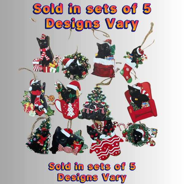 Black Kitty Holiday Christmas Ornaments Set of 5