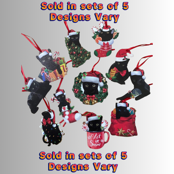 Black Kitty Holiday Christmas Ornaments Set of 5