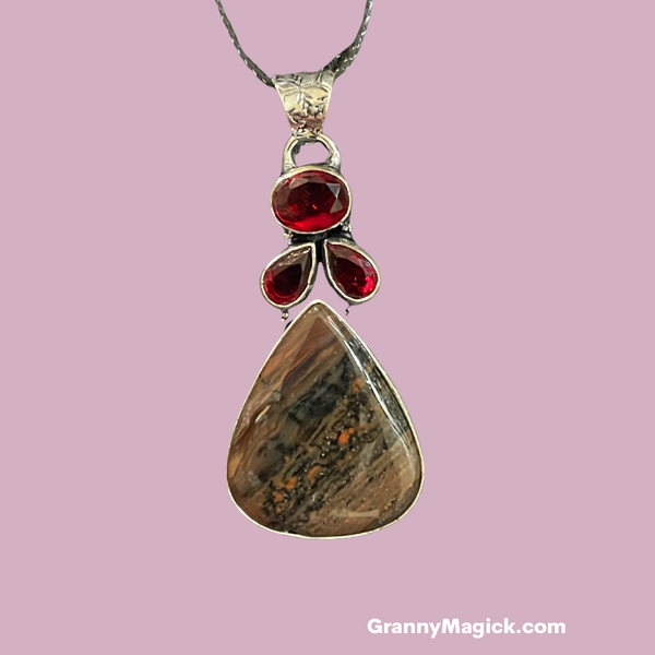 Honey Dendritic Agate with Garnets Pendant #162