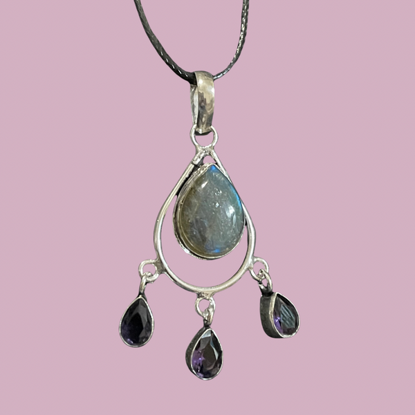 Fiery Labradorite Amethyst Drop Pendant #132