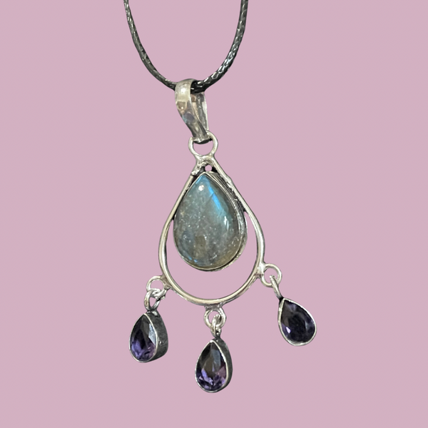Fiery Labradorite Amethyst Drop Pendant #132