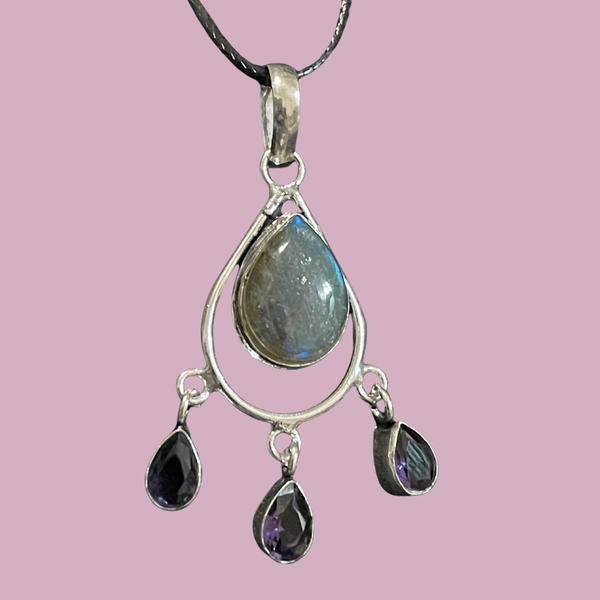 Fiery Labradorite Amethyst Drop Pendant #132
