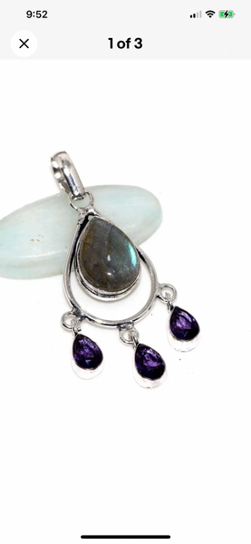 Fiery Labradorite Amethyst Drop Pendant #132