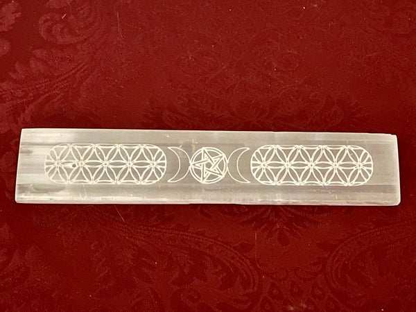 Selenite Crystal Incense Burner with Moon Phases 8”