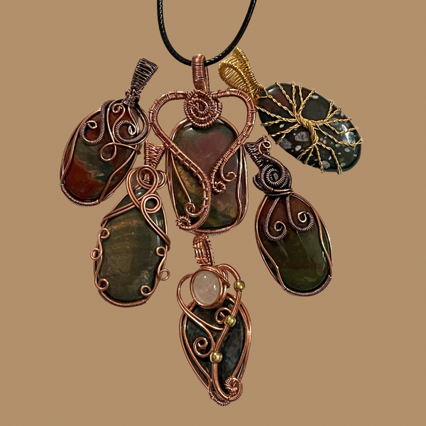 Copper Wire Wrapped Bloodstone Pendants