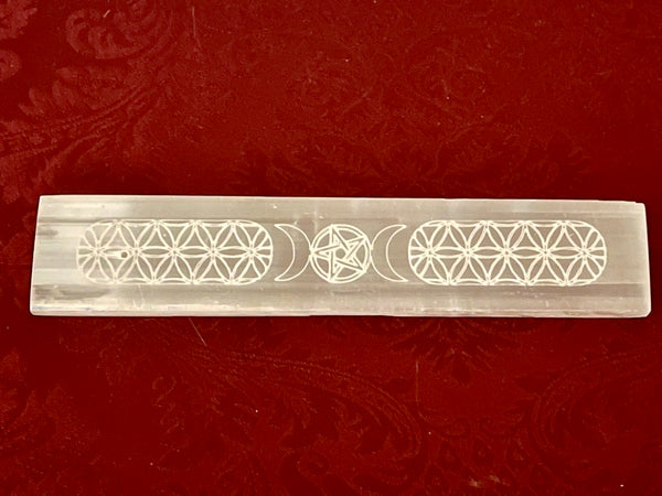 Selenite Crystal Incense Burner with Moon Phases 8”