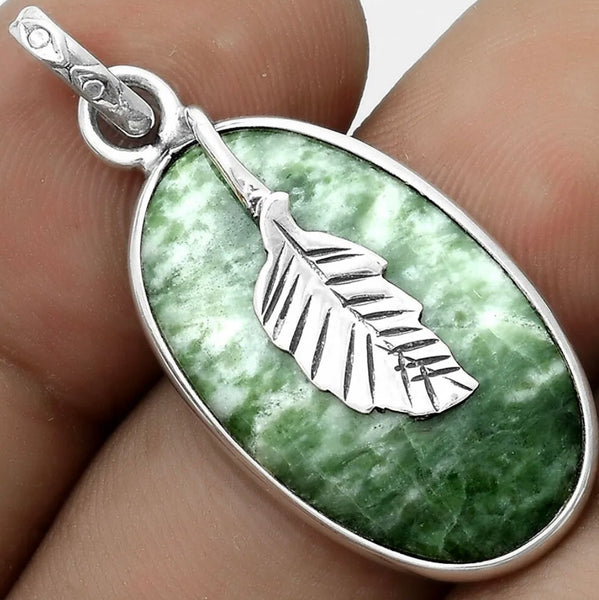 Dioptase 925 Silver Leaf Pendants #106