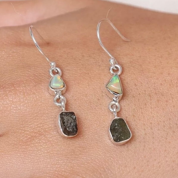 Moldavite & Ethiopian Opal Earrings