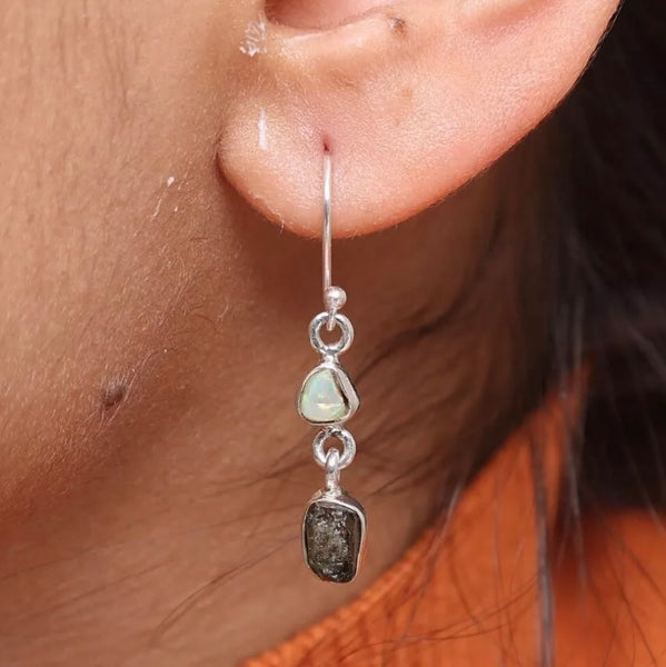 Moldavite & Ethiopian Opal Earrings