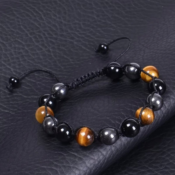 Tiger's Eye, Hematite,
Obsidian Adjustable 10mm Braid Bracelet