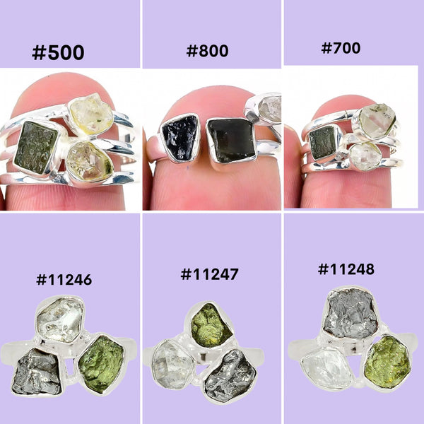 Moldavite Triple Stone Rings