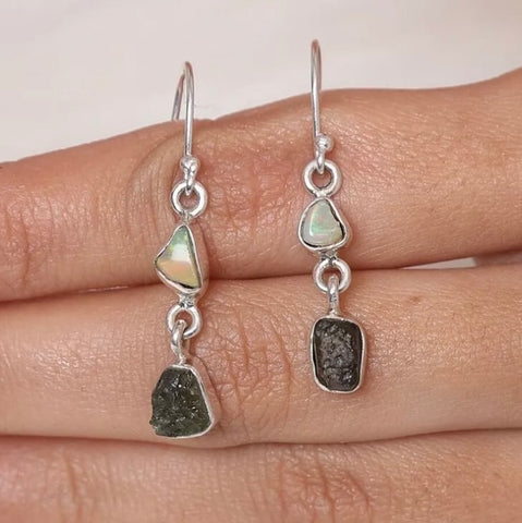 Moldavite & Ethiopian Opal Earrings