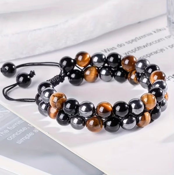 Tri-Protection Adjustable Bracelet: Tiger Eye,Hematite, & Obsidian