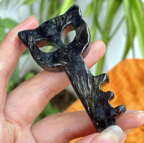 Black Obsidian Carved Cat Key