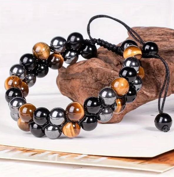 Tri-Protection Adjustable Bracelet: Tiger Eye,Hematite, & Obsidian