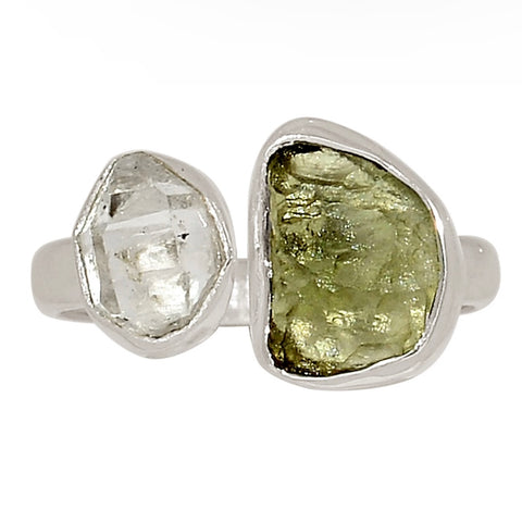 Moldavite Herkimer Diamond sz 7 925 Silver Ring #24990