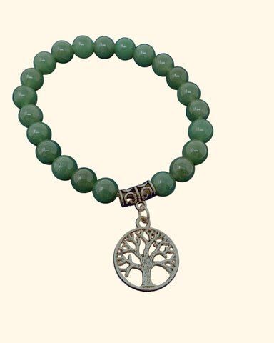 Green Aventurine Gem Stone Bracelet with Tree of Life Charm 8mm