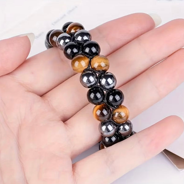 Tri-Protection Adjustable Bracelet: Tiger Eye,Hematite, & Obsidian