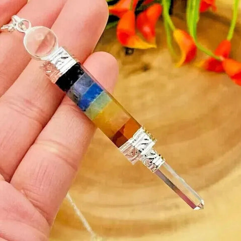 Pendulum 7 Chakra Pencil with Clear Quartz