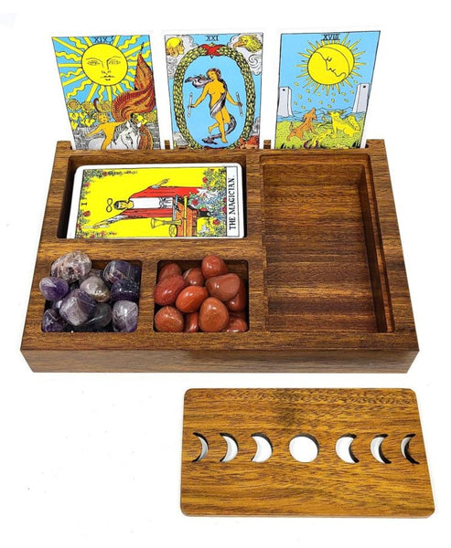 Wooden Tarot Card
Holder with Moon Phase Lid Design Storage &
Sectionals
9.5"Lx6.75"Wx1.5"H