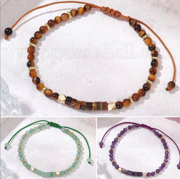 Crystal Bead Adjustable Bracelets Amethyst, Green Aventurine, & Tiger’s Eye