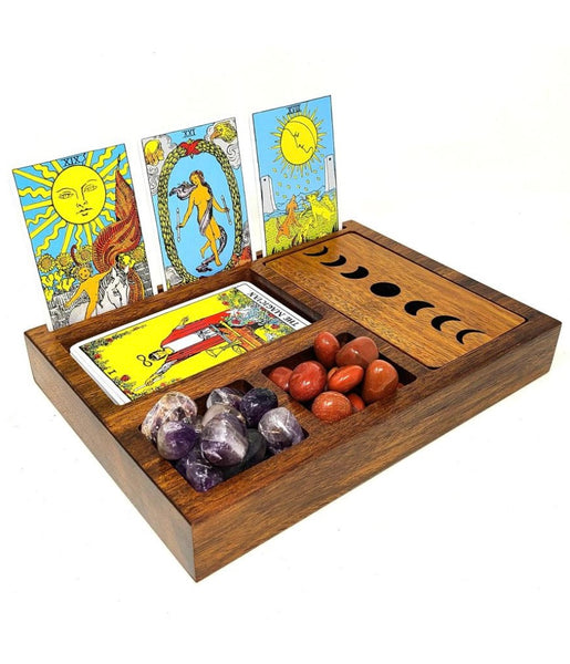 Wooden Tarot Card
Holder with Moon Phase Lid Design Storage &
Sectionals
9.5"Lx6.75"Wx1.5"H