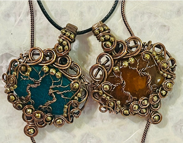 Copper Wrapped Baltic Amber Yellow & Blue Pendants