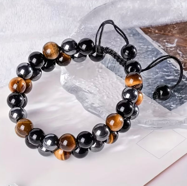 Tri-Protection Adjustable Bracelet: Tiger Eye,Hematite, & Obsidian