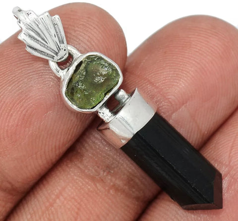 Moldavite & Black Tourmaline 925 Silver Pendants