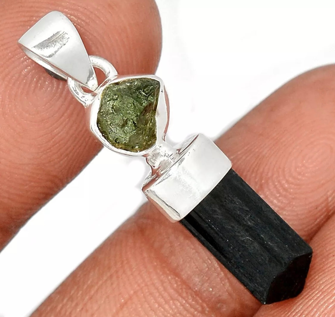 Moldavite & Black Tourmaline 925 Silver Pendants