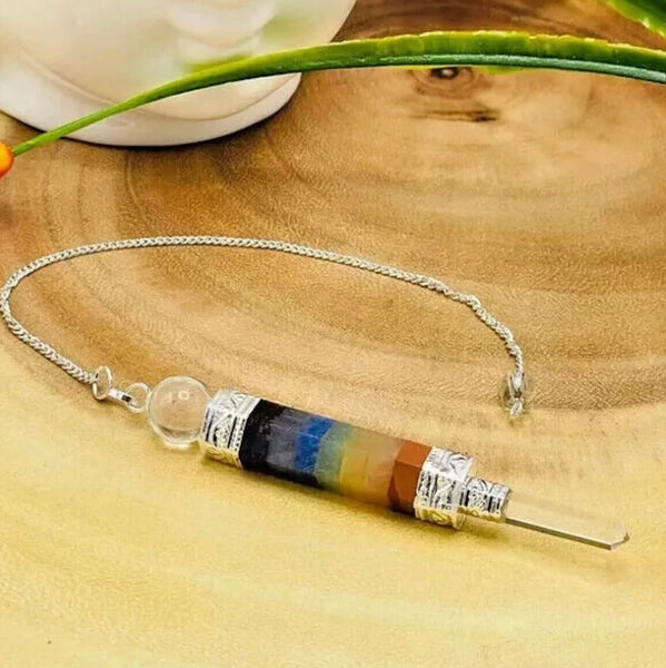 Pendulum 7 Chakra Pencil with Clear Quartz