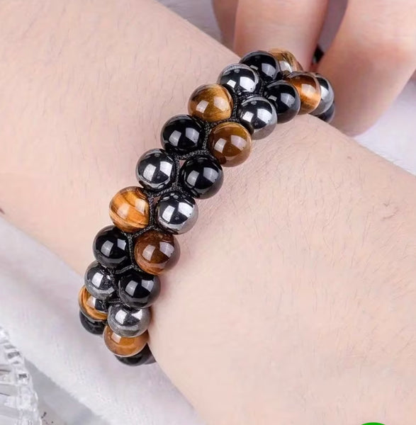 Tri-Protection Adjustable Bracelet: Tiger Eye,Hematite, & Obsidian