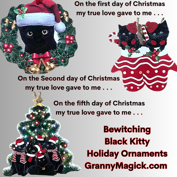 Black Kitty Holiday Christmas Ornaments Set of 5