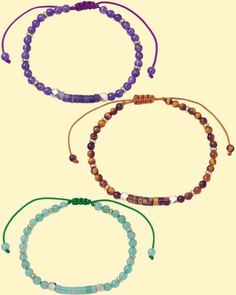 Crystal Bead Adjustable Bracelets Amethyst, Green Aventurine, & Tiger’s Eye