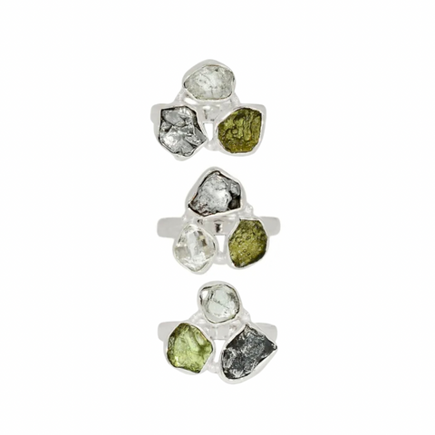 Moldavite, Herkimer Diamond, Campo del Cielo Silver Rings #165