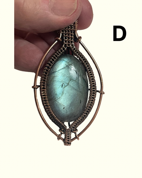 Hand Crafted Copper Wrapped Labradorite Flash Pendants on Black Cord
